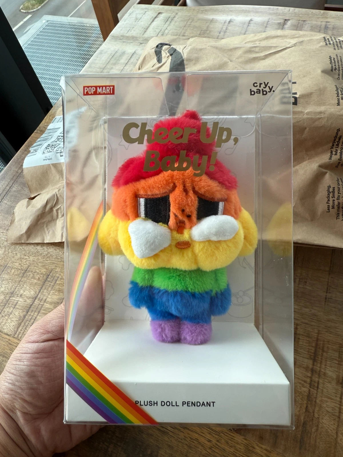 CRYBABY Cheer Up, Baby small plush doll by POP MART, front view in package