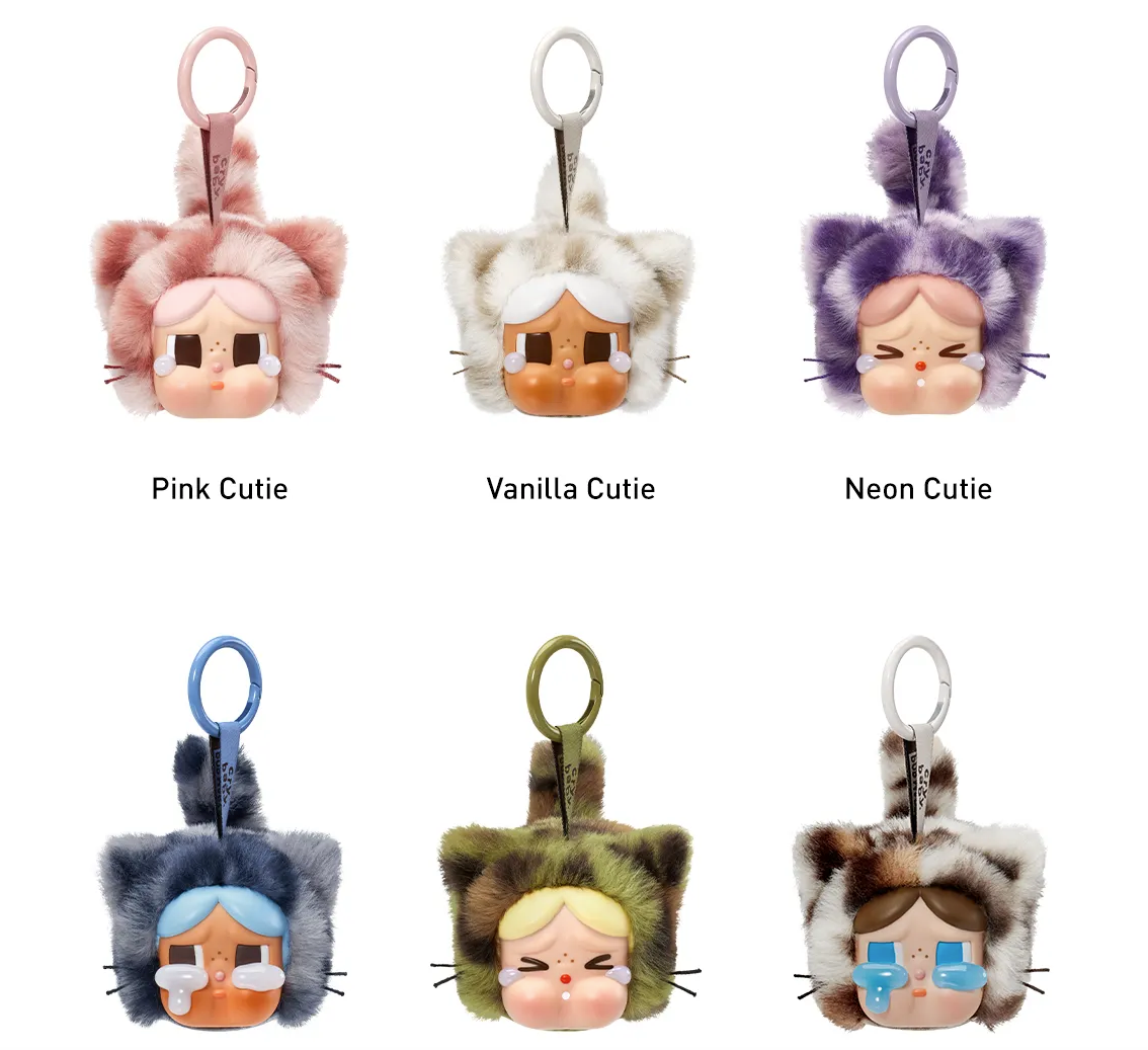CRYBABY Wild but Cutie series plush pendants in different styles including Denim, Camo, Vintage and Neon Cutie