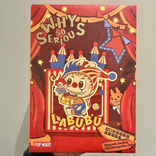 Front view of POP MART WHY SO SERIOUS magnetic sealing clip storage box set (confirmed character options)