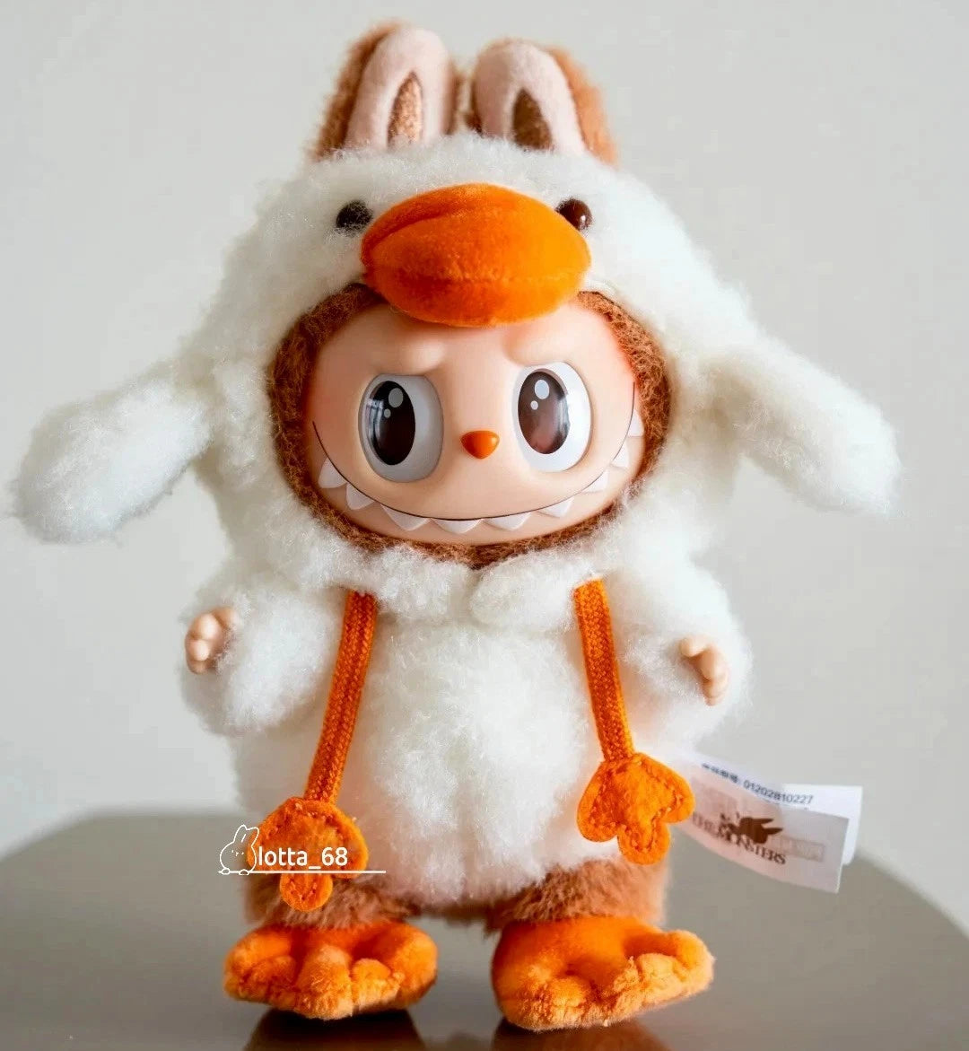 Close up of Labubu Vinyl head and fluffy plush duck costume