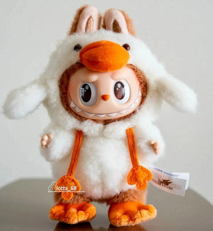 Close up of Labubu Vinyl head and fluffy plush duck costume