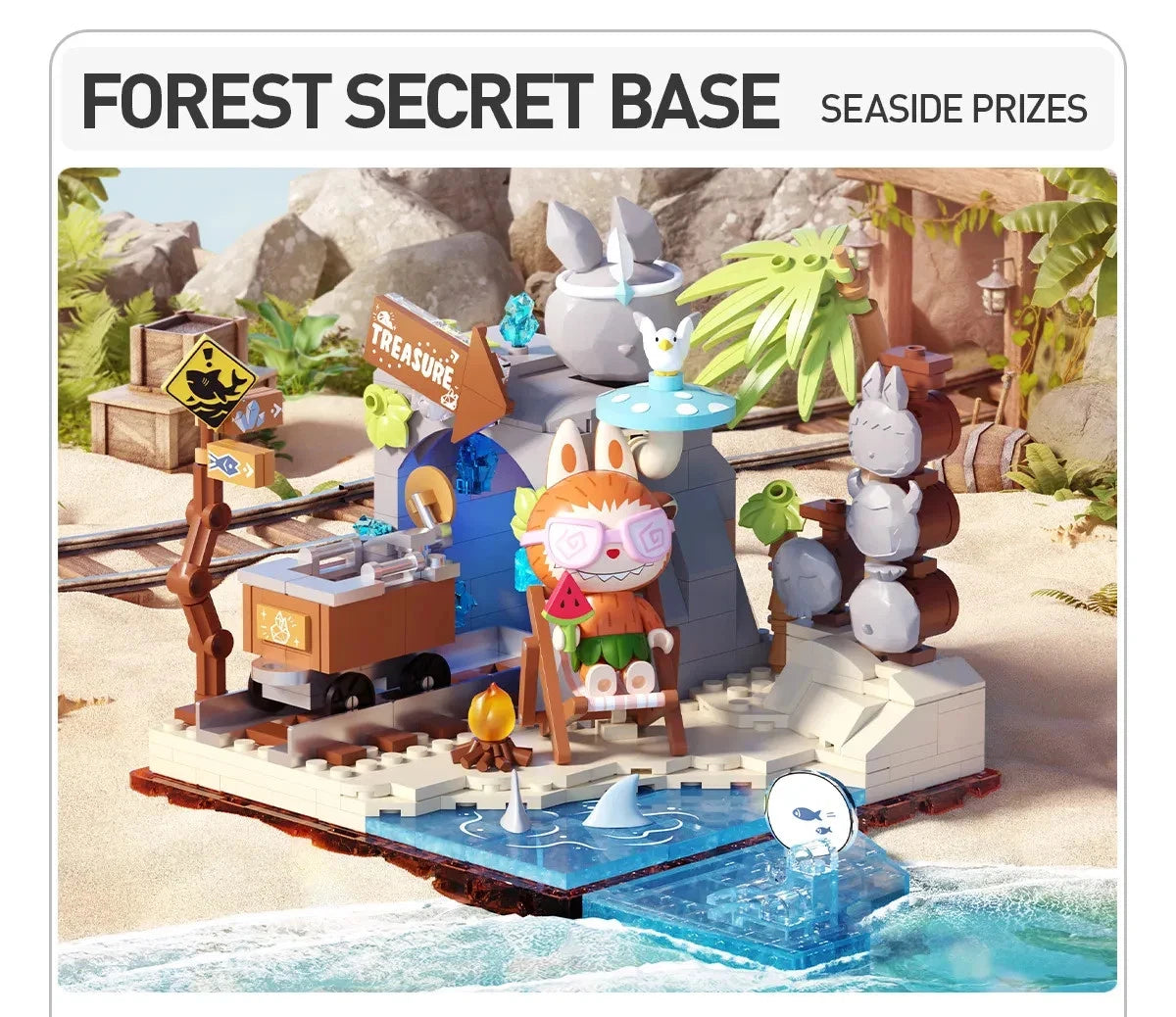 Close up of Labubu minifigure and 451 pieces included in the Forest Secret Base block set