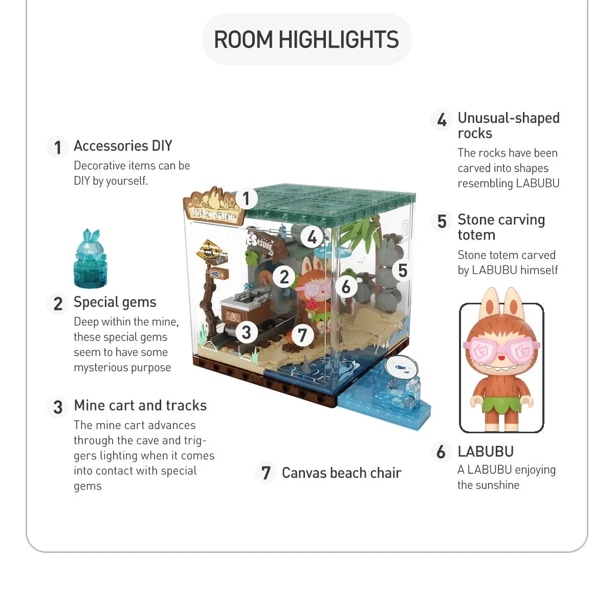Close up of Labubu minifigure and 451 pieces included in the Forest Secret Base block set