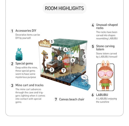 Close up of Labubu minifigure and 451 pieces included in the Forest Secret Base block set