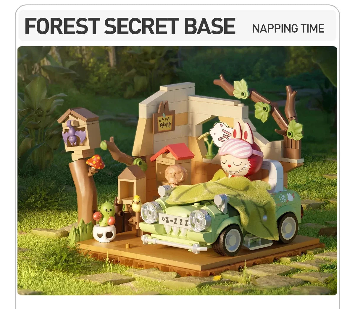 Completed Labubu Napping Time secret base featuring a vintage car bed and various forest accessories