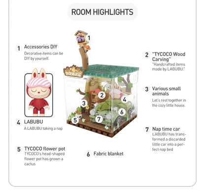 Detailed highlights of Labubu Napping Time set including Tycoco wood carving, fabric blanket, and DIY accessories