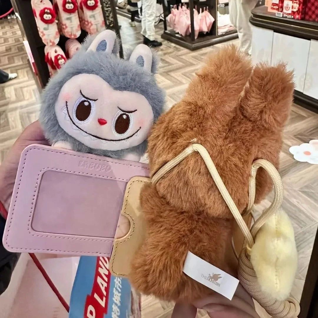 Plush Labubu card holder with matching lanyard and soft textured back